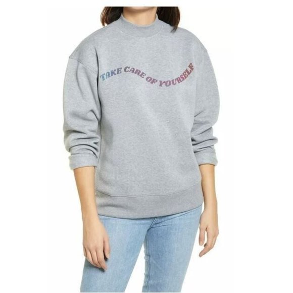 BP. Women's Take Care Graphic Mock Neck Sweatshirt in Grey Heather 2XS $49 - Picture 1 of 4
